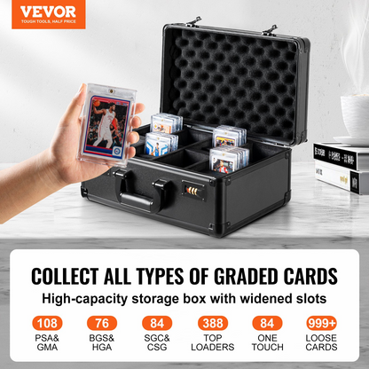 VEVOR 108 PSA Graded Card Storage Box - 4 Slots Sports Card Holder Case with Combination Lock