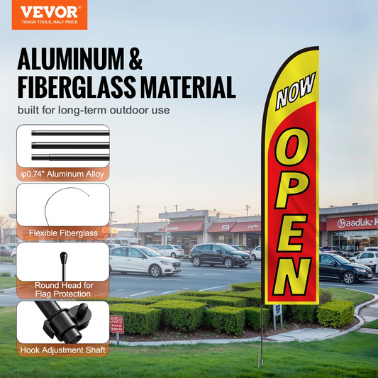 VEVOR Business Advertising Open Flags - High-Visibility Outdoor Banner with 14.4 ft Durable Pole, Easy Installation, Eye-Catching Design for Retail and Restaurants