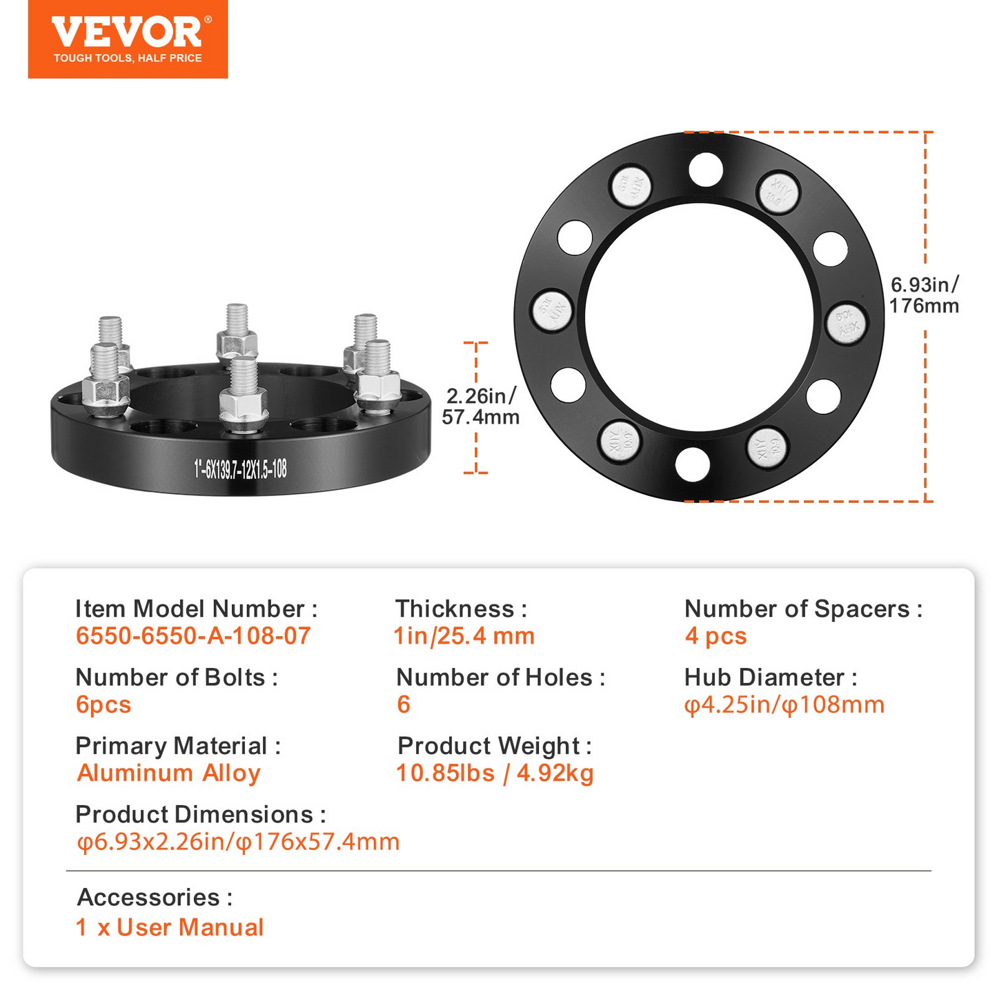 VEVOR 1" Wheel Spacers 6x5.5" Wheel Adapters, 6 Lug Forged Aluminum Alloy Spacer Set, 4 PCS, Black