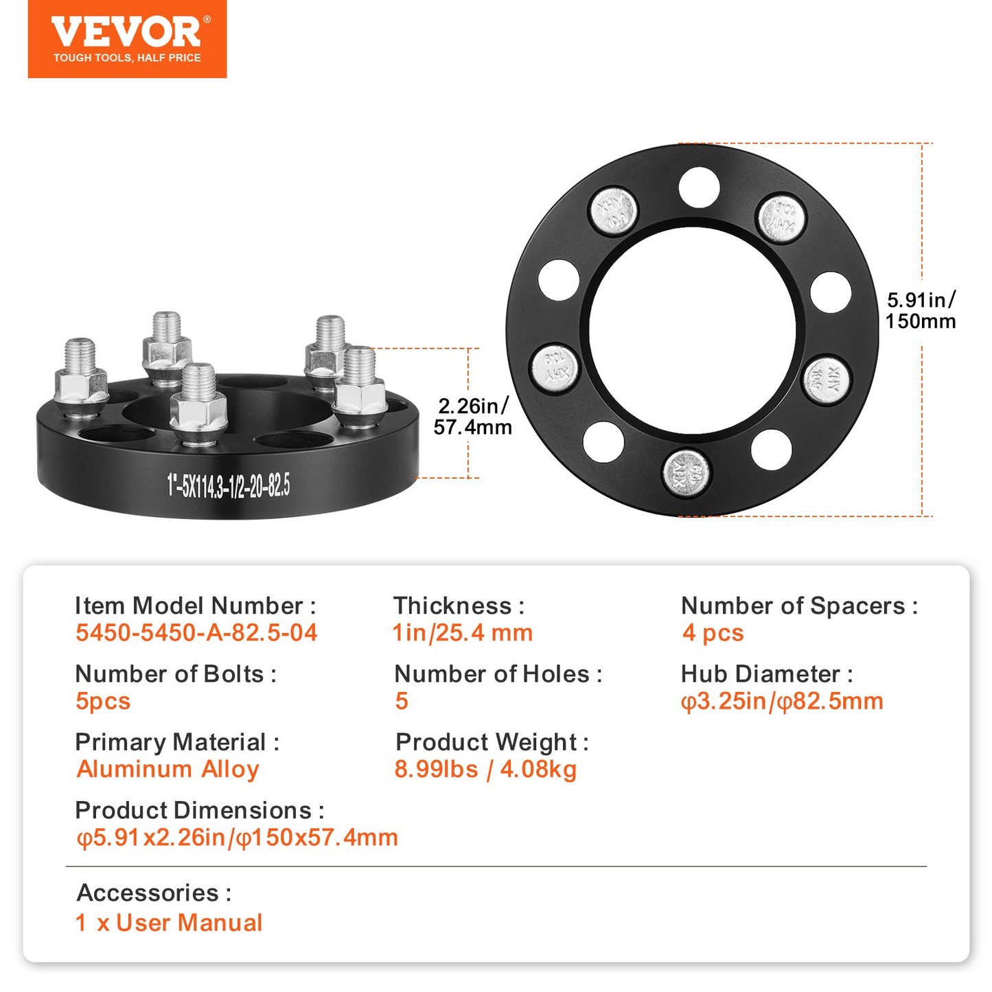 VEVOR 1" 5x4.5 Wheel Spacers Adapters – 5 Lug Forged Black Aluminum Alloy Set of 4, Enhance Stability & Compatibility