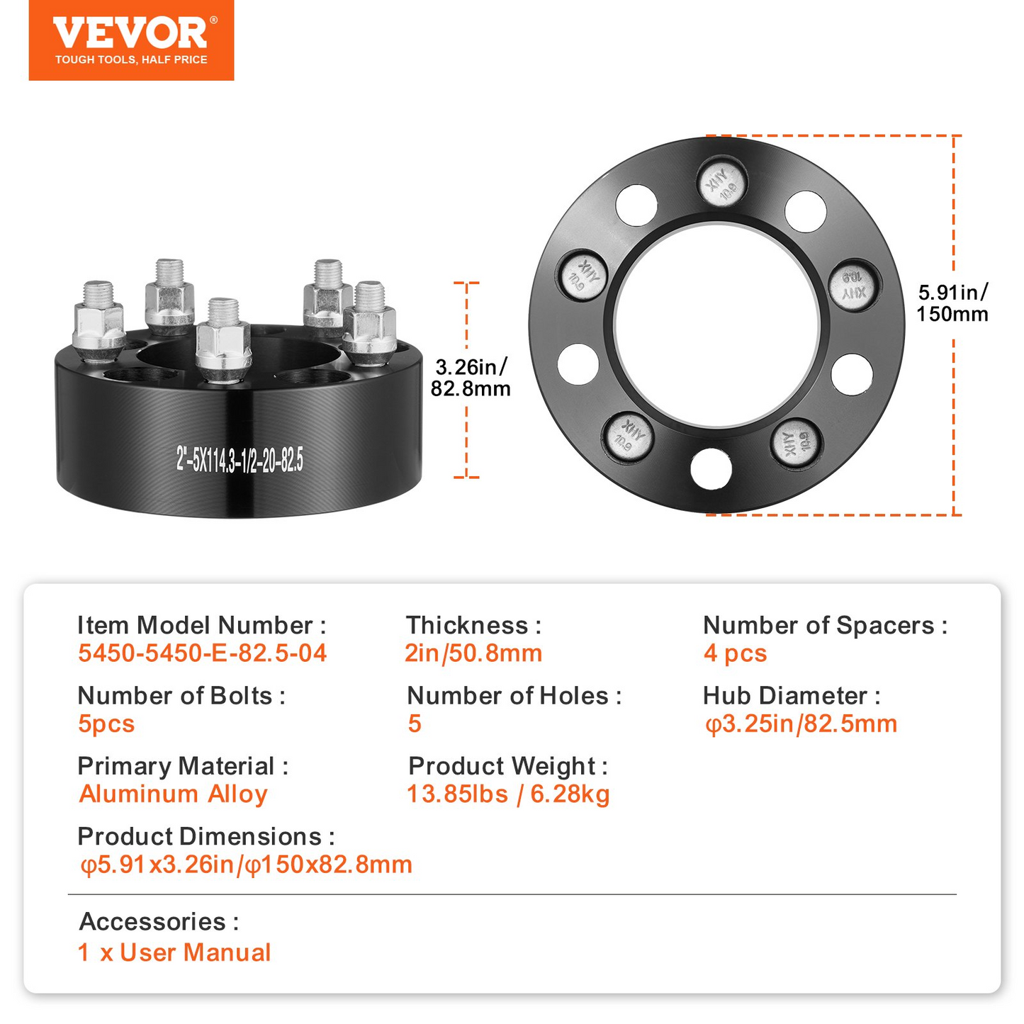 VEVOR 2" 5x4.5" Wheel Spacers & Adapters | 5 Lug Forged Spacers | Set of 4 | Enhanced Stability & Precision | Black Finish