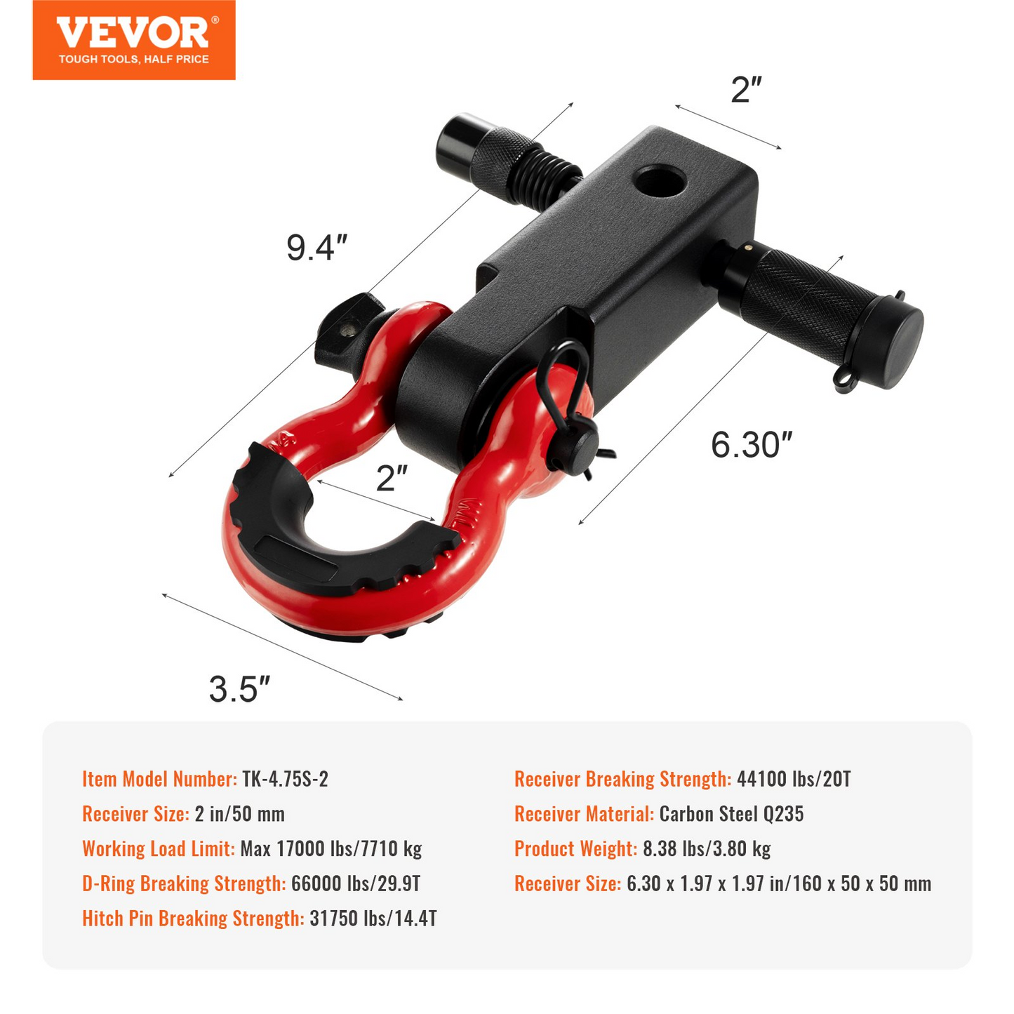 VEVOR 2" Trailer Shackle Hitch Receiver D-Ring - Heavy-Duty, 66000 lbs Capacity, Ideal for Truck & Jeep Recovery