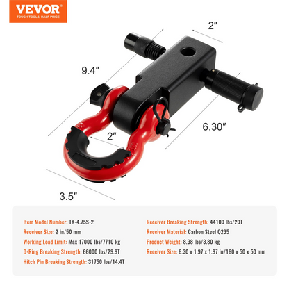 VEVOR 2" Trailer Shackle Hitch Receiver D-Ring - Heavy-Duty, 66000 lbs Capacity, Ideal for Truck & Jeep Recovery