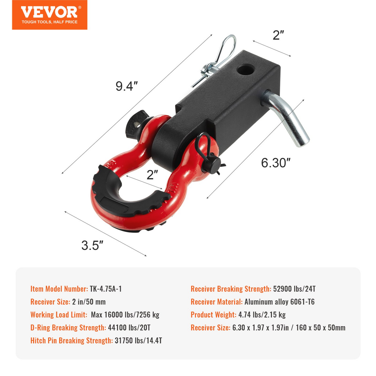 VEVOR 2" Trailer Shackle Hitch Receiver D-Ring Recovery – Heavy-Duty Towing, 52,900 lbs Strength for Trucks & Jeeps, Easy Installation