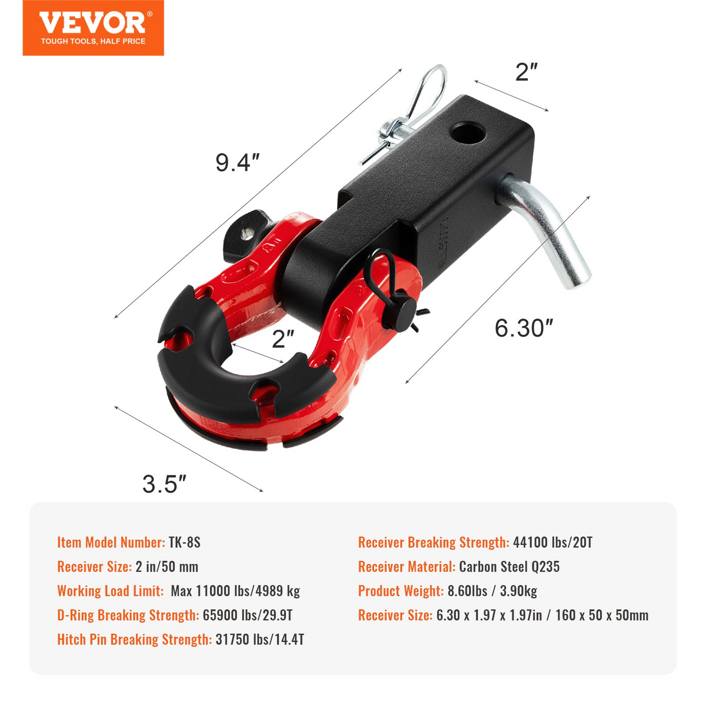 VEVOR 2" Trailer Shackle Hitch Receiver D-Ring Recovery for Truck & Jeep - 65,900 lbs Capacity, Heavy-Duty & Industrial-Grade Durability