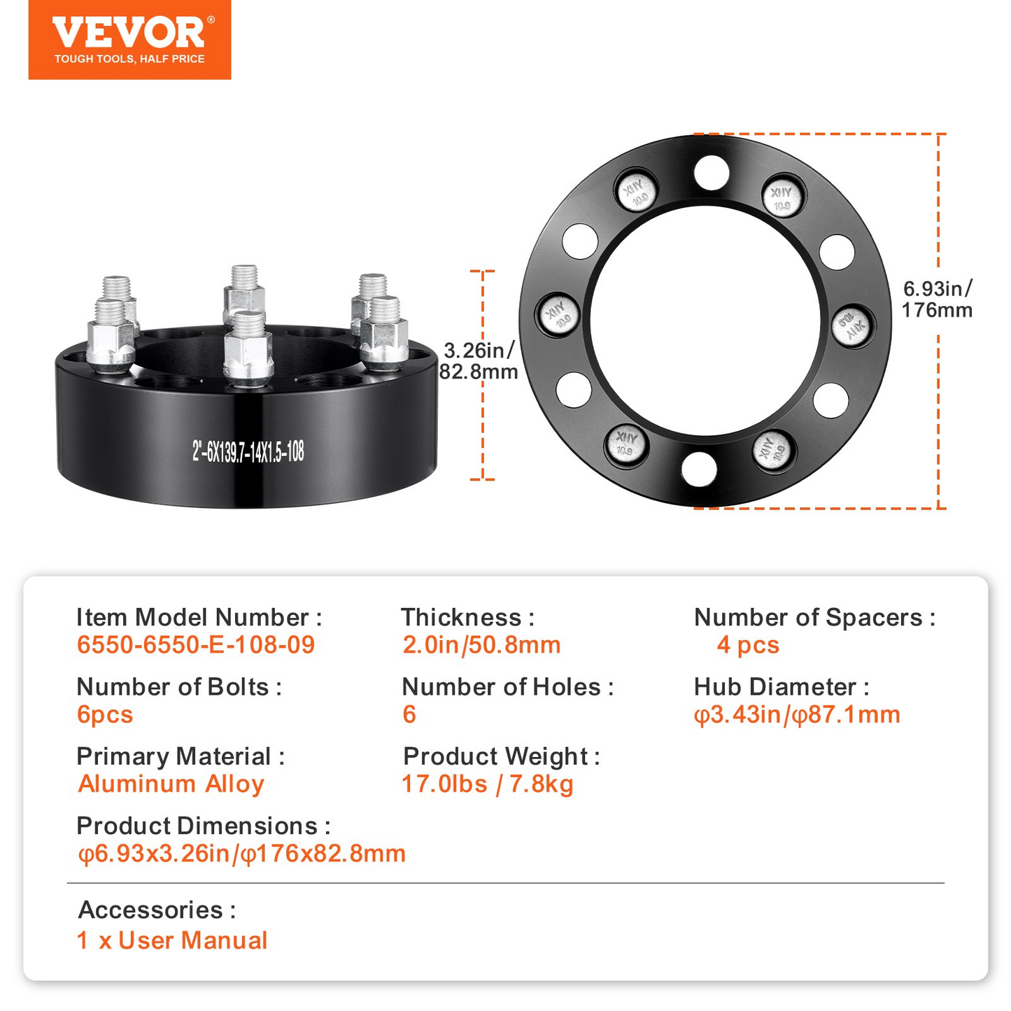 VEVOR 2" Wheel Spacers Adapters 6x5.5 6 Lug Forged Aluminum – 4 PCS Black | Enhanced Stability & Performance