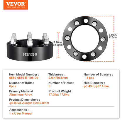 VEVOR 2" Wheel Spacers Adapters 6x5.5 6 Lug Forged Aluminum – 4 PCS Black | Enhanced Stability & Performance