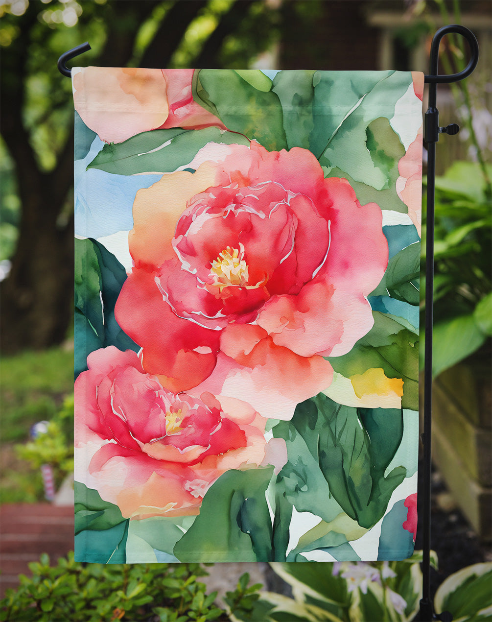 Vibrant Alabama Camellia Watercolor Garden Flag - Durable, Double-Sided 2-Ply Polyester, Handcrafted in USA