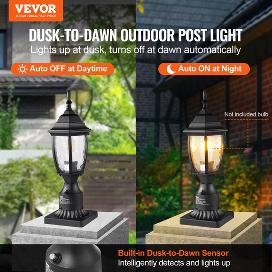 VEVOR Outdoor Lamp Post Light - Dusk to Dawn Sensor, 15.75" Pole or Pier Mount, Elegant and Weatherproof Aluminum Alloy and Glass Design