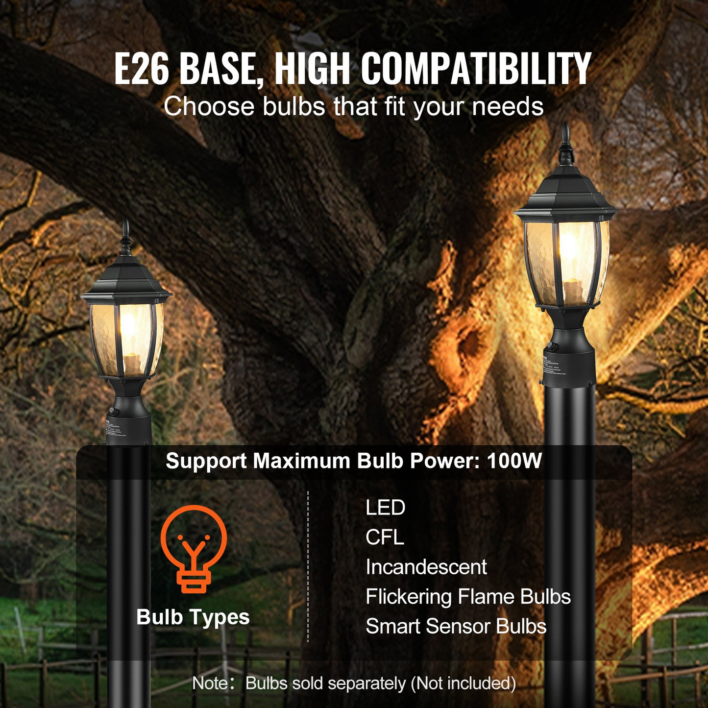 VEVOR Outdoor Lamp Post Light - Dusk to Dawn Sensor, 15.75" Pole or Pier Mount, Elegant and Weatherproof Aluminum Alloy and Glass Design
