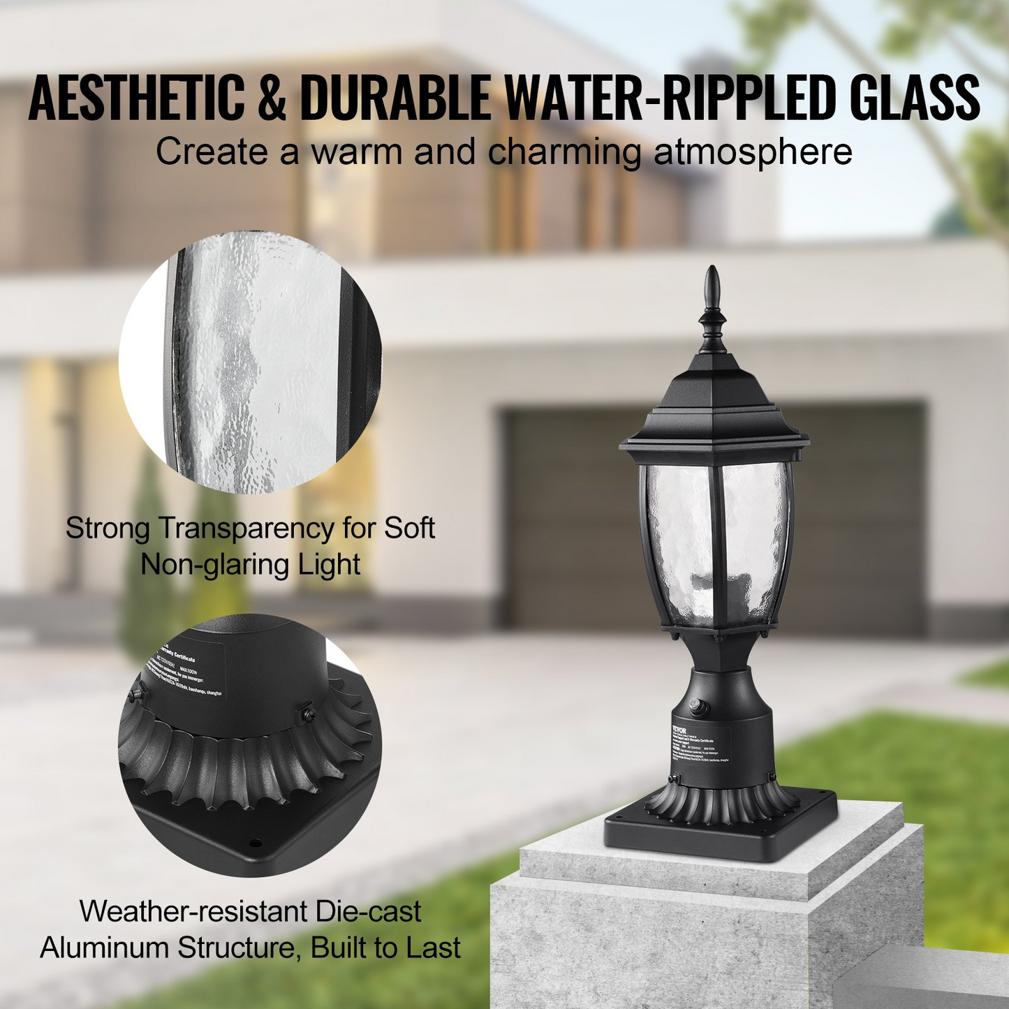 VEVOR Outdoor Lamp Post Light - Dusk to Dawn Sensor, 15.75" Pole or Pier Mount, Elegant and Weatherproof Aluminum Alloy and Glass Design