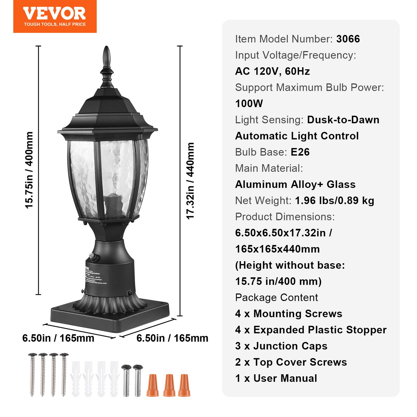 VEVOR Outdoor Lamp Post Light - Dusk to Dawn Sensor, 15.75" Pole or Pier Mount, Elegant and Weatherproof Aluminum Alloy and Glass Design