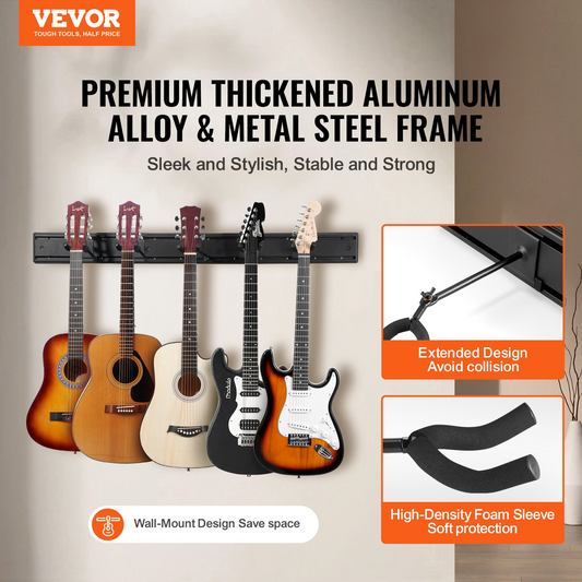 VEVOR Wall-Mounted 5-Space Guitar Stand - Foldable Rack for Multiple Guitars, Rock-Solid Stability, Easy Assembly & Space-Saving Design