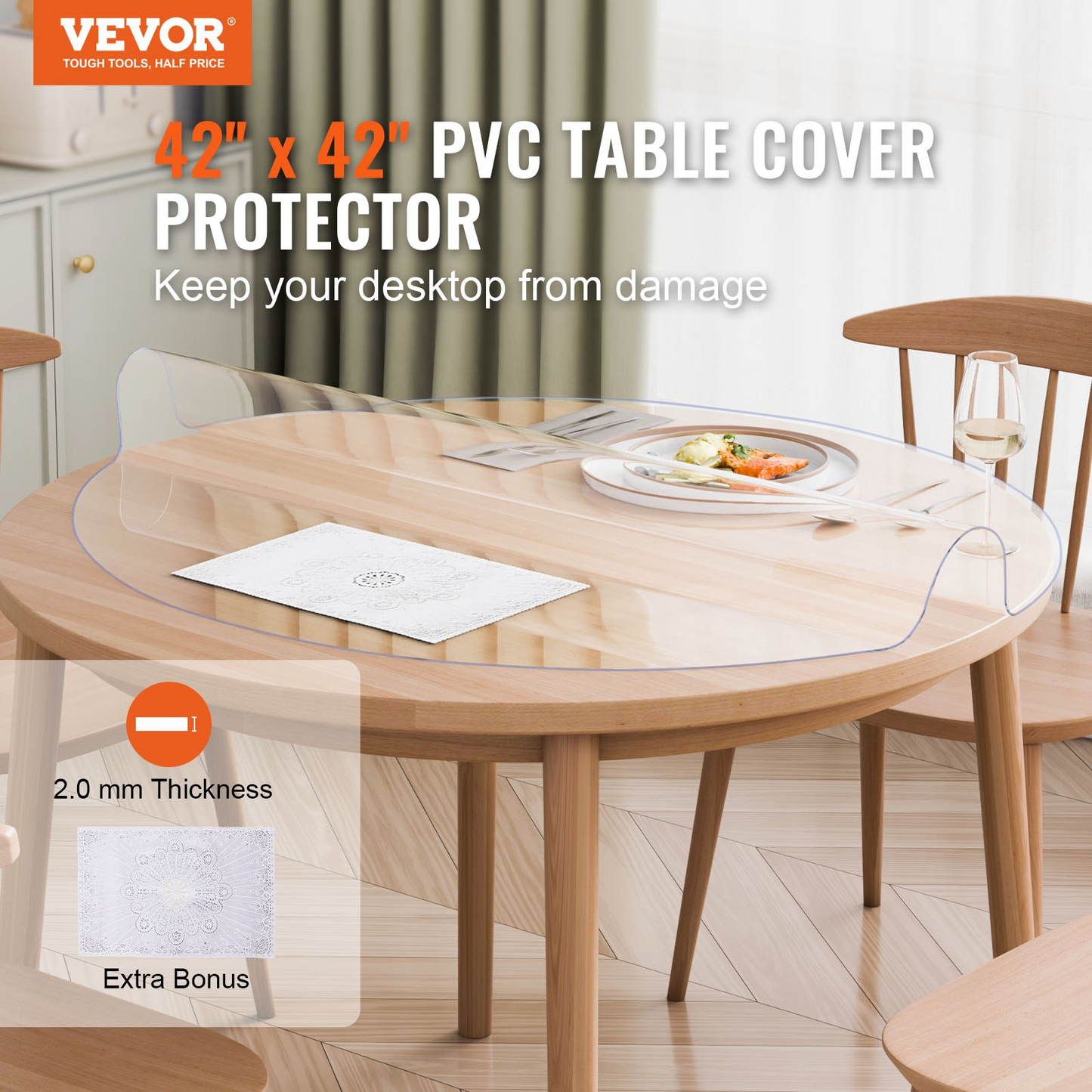 VEVOR 42 Inch Round PVC Table Protector - Premium 2.0mm Thick Clear Plastic Desk Cover - Ideal for Dining Tables and Office Desks