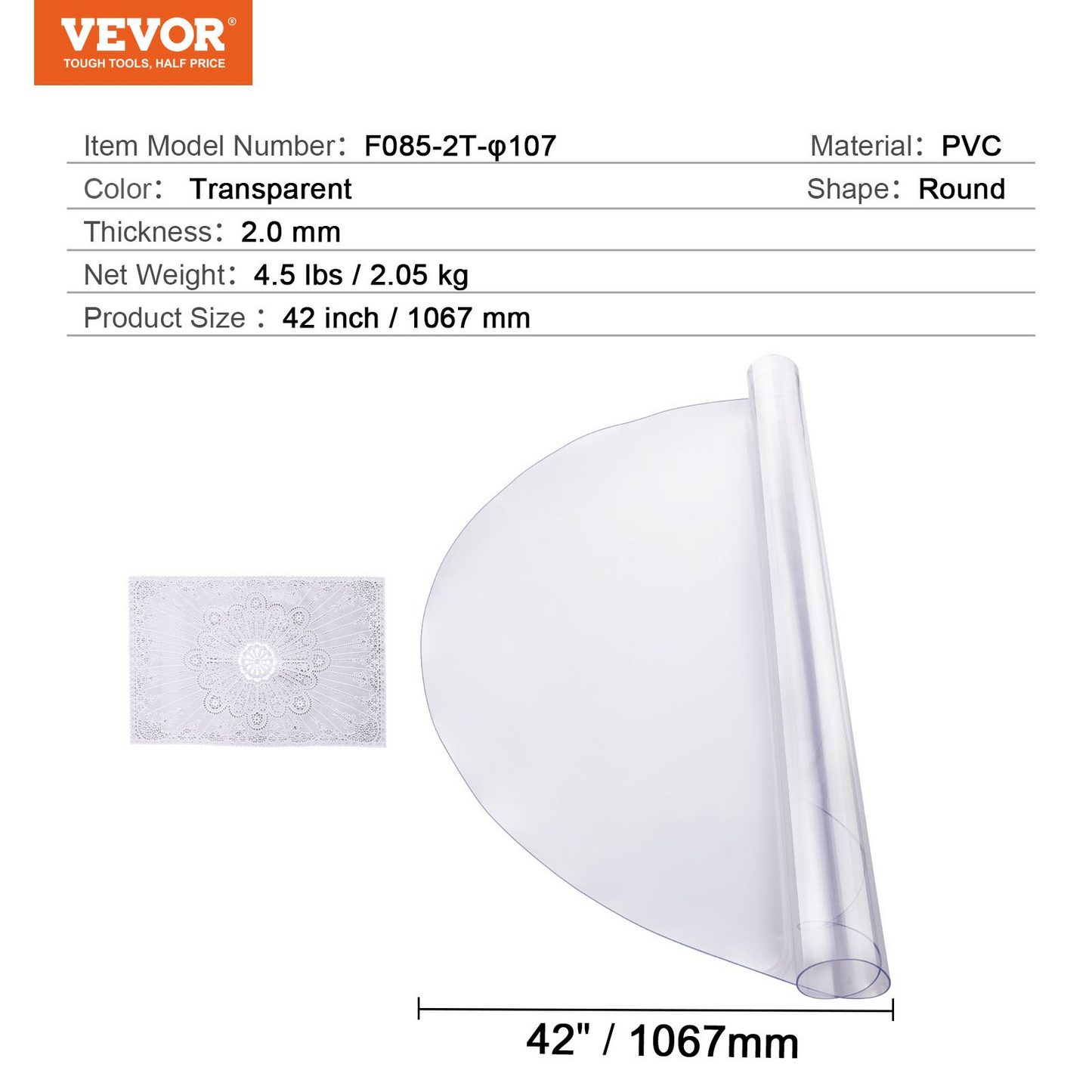 VEVOR 42 Inch Round PVC Table Protector - Premium 2.0mm Thick Clear Plastic Desk Cover - Ideal for Dining Tables and Office Desks