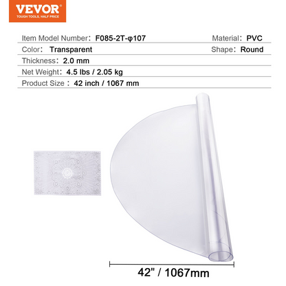 VEVOR 42 Inch Round PVC Table Protector - Premium 2.0mm Thick Clear Plastic Desk Cover - Ideal for Dining Tables and Office Desks