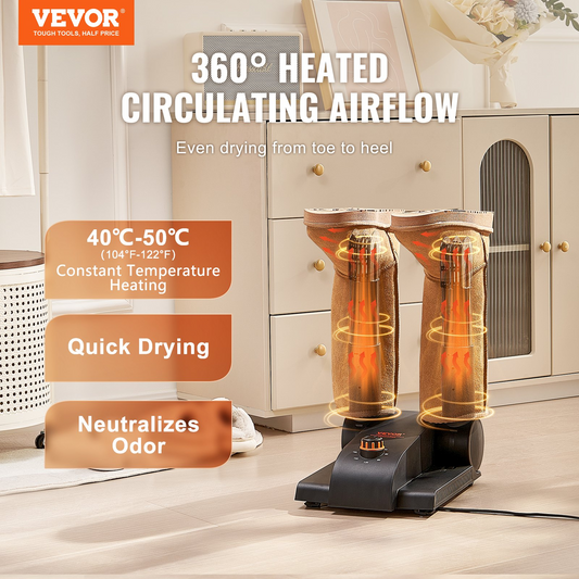 VEVOR 2-Tube Foldable Shoe and Boot Dryer with Heat Blower - Black & Orange, Quick Heating, Adjustable Timer, Versatile Usage