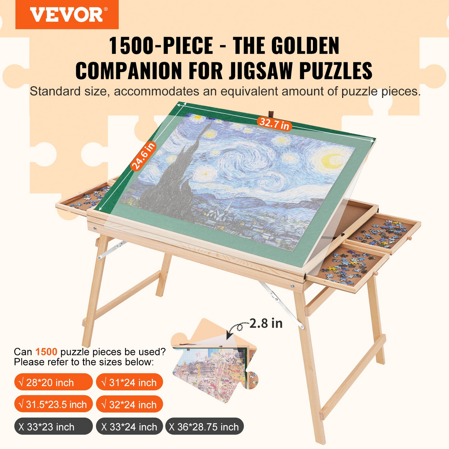 VEVOR 1500 Piece Puzzle Table - Folding Legs, 4 Drawers, Adjustable 3-Tilting-Angle Board, Perfect Gift for Mom