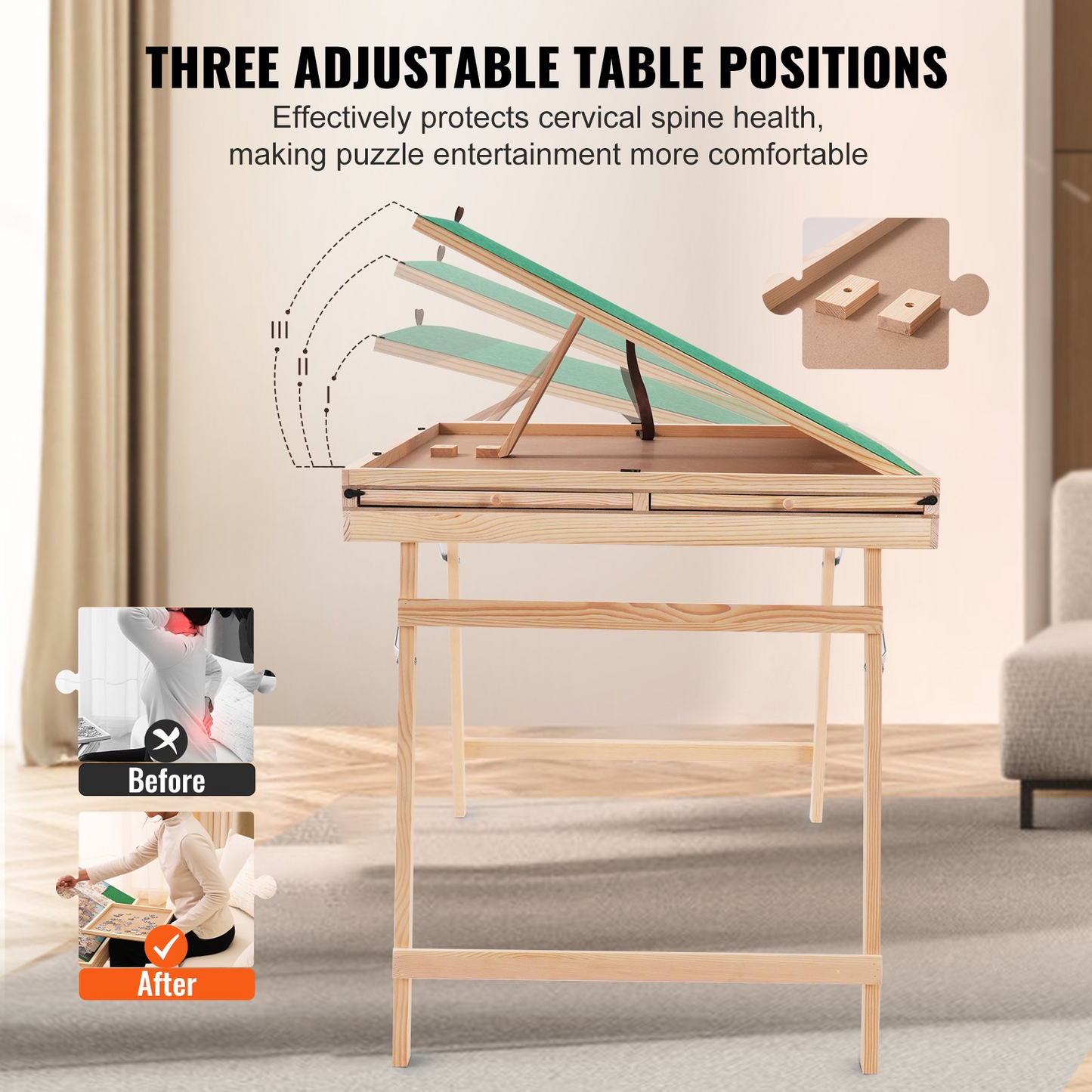 VEVOR 1500 Piece Puzzle Table - Folding Legs, 4 Drawers, Adjustable 3-Tilting-Angle Board, Perfect Gift for Mom