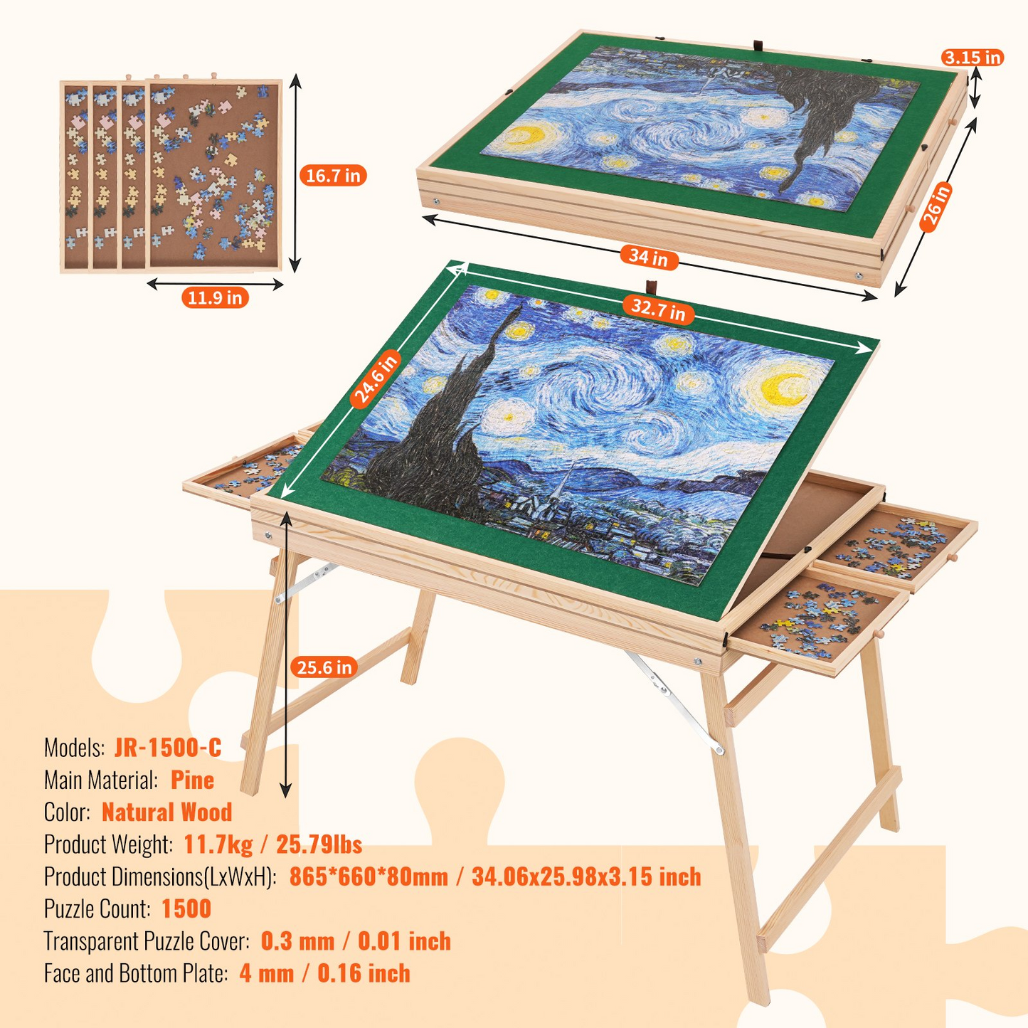 VEVOR 1500 Piece Puzzle Table - Folding Legs, 4 Drawers, Adjustable 3-Tilting-Angle Board, Perfect Gift for Mom