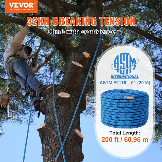 VEVOR 12.7mm Static Climbing Rope, 200ft Outdoor Rock Climbing Rope, 32KN Breaking Tension, Fiber Rope with Steel Snap Hooks for Escape, Rappelling, Fire Rescue, Blue