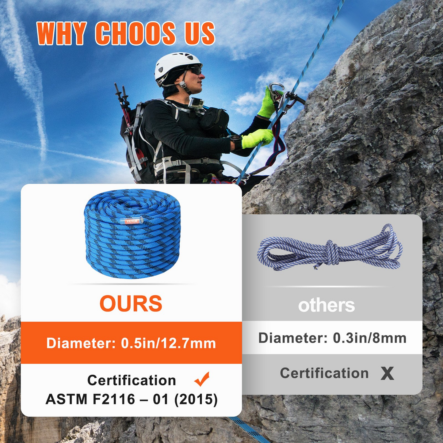 VEVOR 12.7mm Static Climbing Rope, 200ft Outdoor Rock Climbing Rope, 32KN Breaking Tension, Fiber Rope with Steel Snap Hooks for Escape, Rappelling, Fire Rescue, Blue