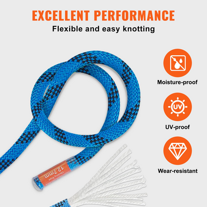 VEVOR 12.7mm Static Climbing Rope, 200ft Outdoor Rock Climbing Rope, 32KN Breaking Tension, Fiber Rope with Steel Snap Hooks for Escape, Rappelling, Fire Rescue, Blue