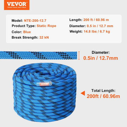 VEVOR 12.7mm Static Climbing Rope, 200ft Outdoor Rock Climbing Rope, 32KN Breaking Tension, Fiber Rope with Steel Snap Hooks for Escape, Rappelling, Fire Rescue, Blue