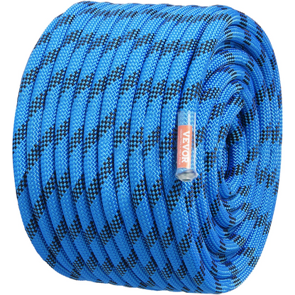 VEVOR 12.7mm Static Climbing Rope, 200ft Outdoor Rock Climbing Rope, 32KN Breaking Tension, Fiber Rope with Steel Snap Hooks for Escape, Rappelling, Fire Rescue, Blue