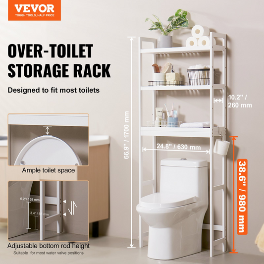 VEVOR 3-Tier Over the Toilet Storage Rack - Bamboo Space Saver Shelf - Adjustable Bathroom Organizer, Easy Installation, White