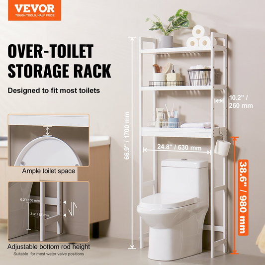 VEVOR 3-Tier Over the Toilet Bathroom Shelf Rack - Space-Saving Bamboo Storage Organizer, Adjustable, Easy Installation, White