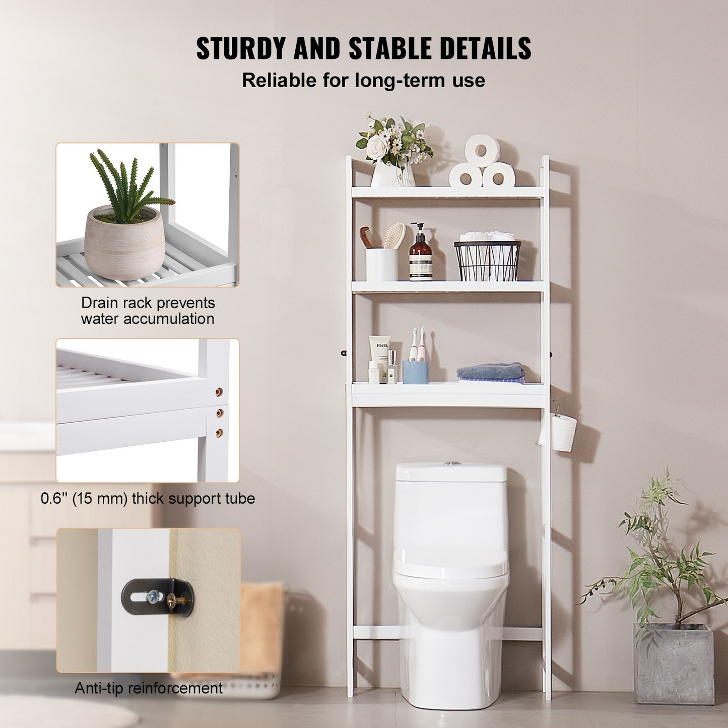 VEVOR 3-Tier Over the Toilet Storage Rack - Bamboo Space Saver Shelf - Adjustable Bathroom Organizer, Easy Installation, White