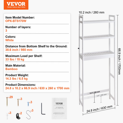 VEVOR 3-Tier Over the Toilet Storage Rack - Bamboo Space Saver Shelf - Adjustable Bathroom Organizer, Easy Installation, White