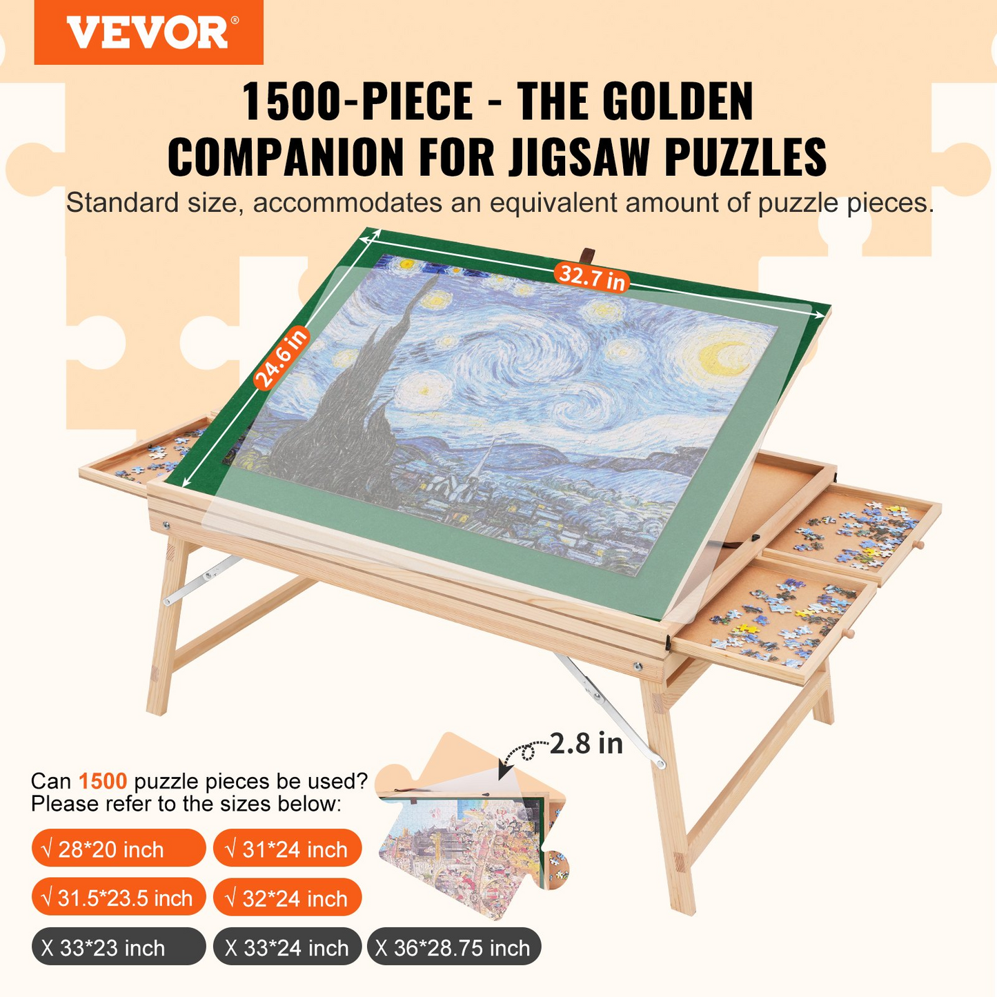 VEVOR 1500 Piece Puzzle Table with Folding Legs and 4 Drawers