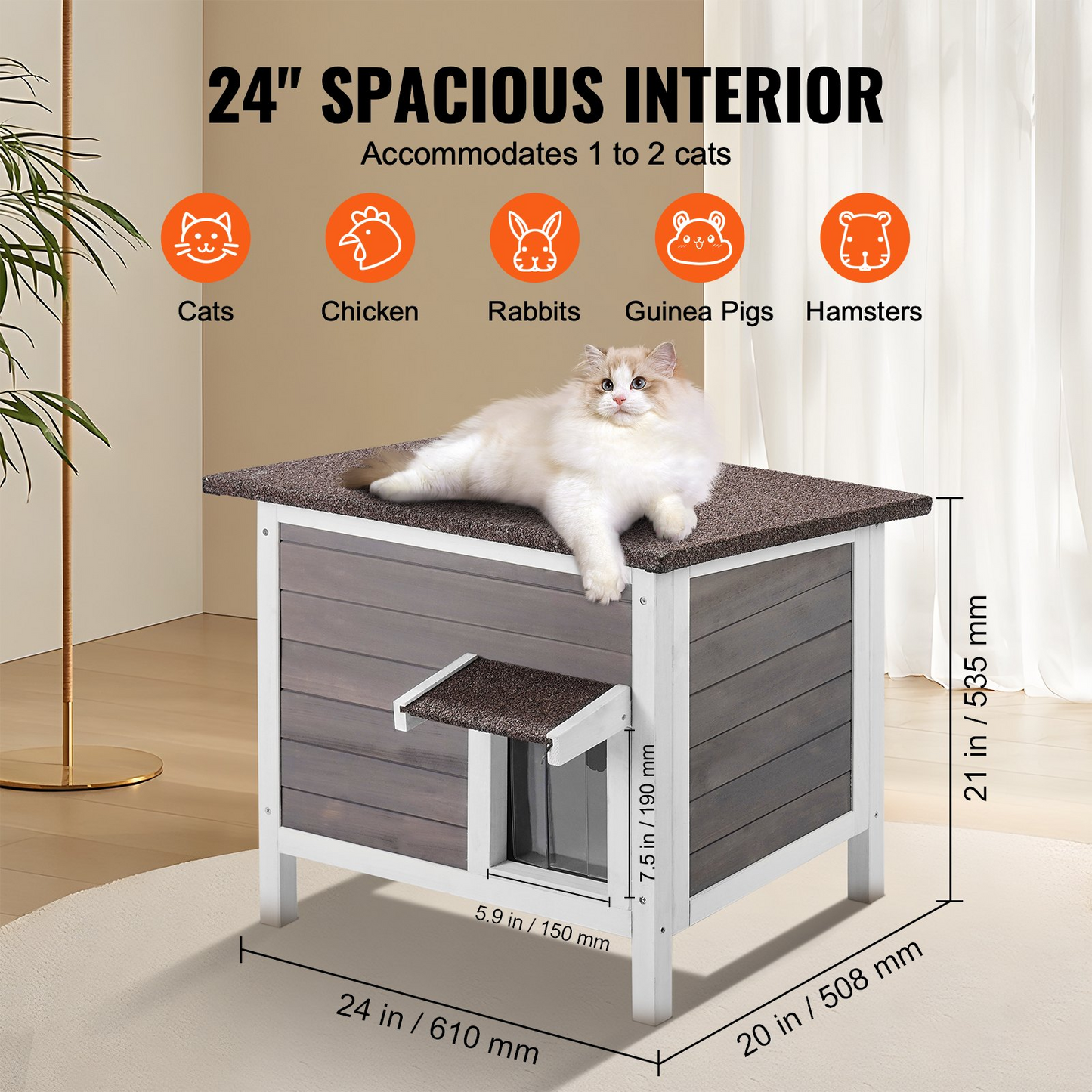VEVOR Wooden Outdoor Cat House - Weatherproof, Safe, and Spacious Shelter for Feral Cats with Roof & PVC Door Flaps