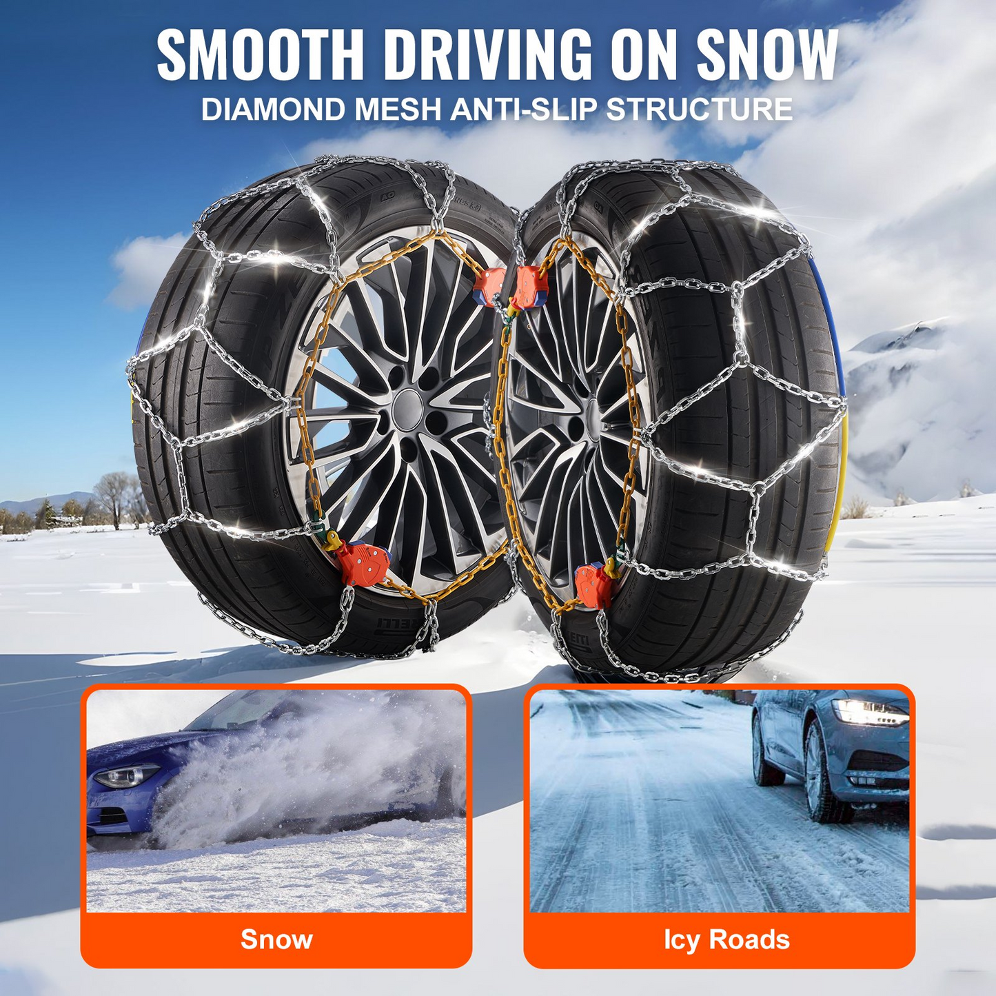 VEVOR Auto Tightening Snow Chains - High-Strength Diamond Mesh for Ultimate Winter Traction & Safety, Durable Manganese Alloy Steel, Universal Fit for Various Tire Sizes