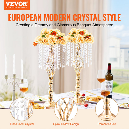 VEVOR 2PCS 55cm Tall Crystal Wedding Flower Stand Vase - Elegant Party Decor, French Gold Electroplating, Sturdy Carbon Steel, Decorative Centerpiece for Events