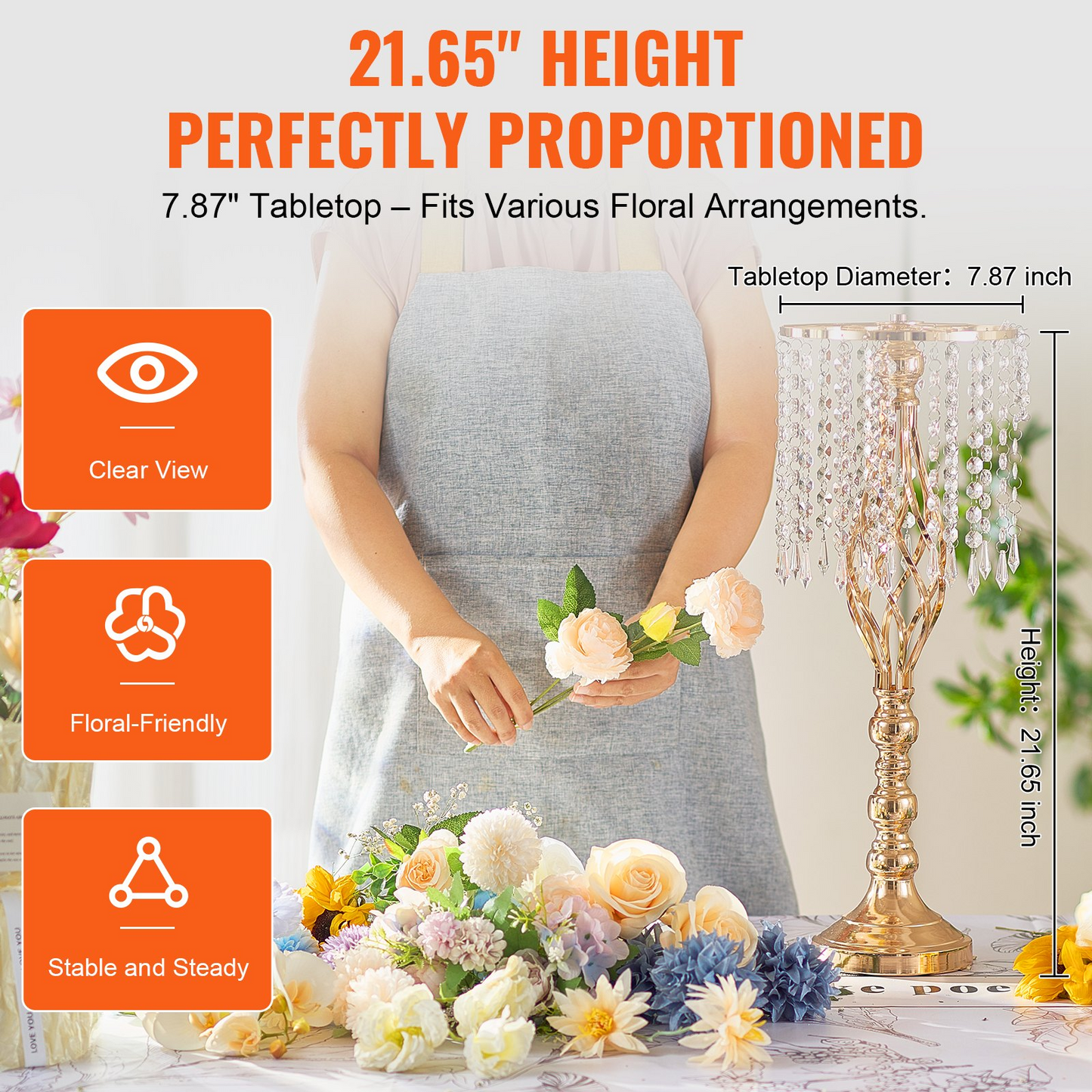 VEVOR 2PCS 55cm Tall Crystal Wedding Flower Stand Vase - Elegant Party Decor, French Gold Electroplating, Sturdy Carbon Steel, Decorative Centerpiece for Events