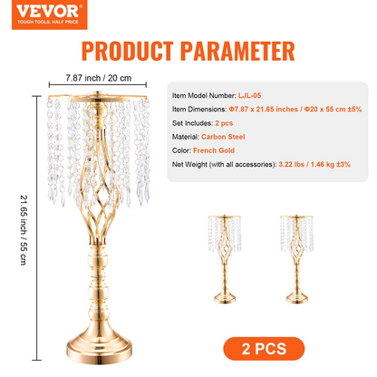 VEVOR 2PCS 55cm Tall Crystal Wedding Flower Stand Vase - Elegant Party Decor, French Gold Electroplating, Sturdy Carbon Steel, Decorative Centerpiece for Events