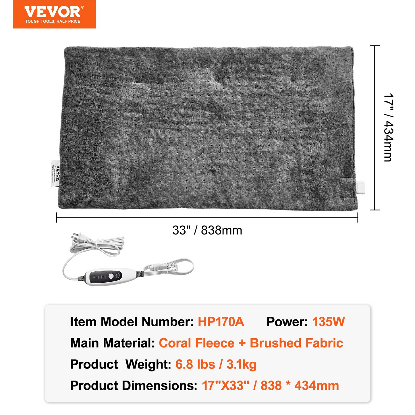 VEVOR Weighted Heating Pad 17x33in | 6.8lbs Electric Heat Pad for Pain Relief | Dual Therapy Options | Soft & Skin-Friendly | Perfect Gift
