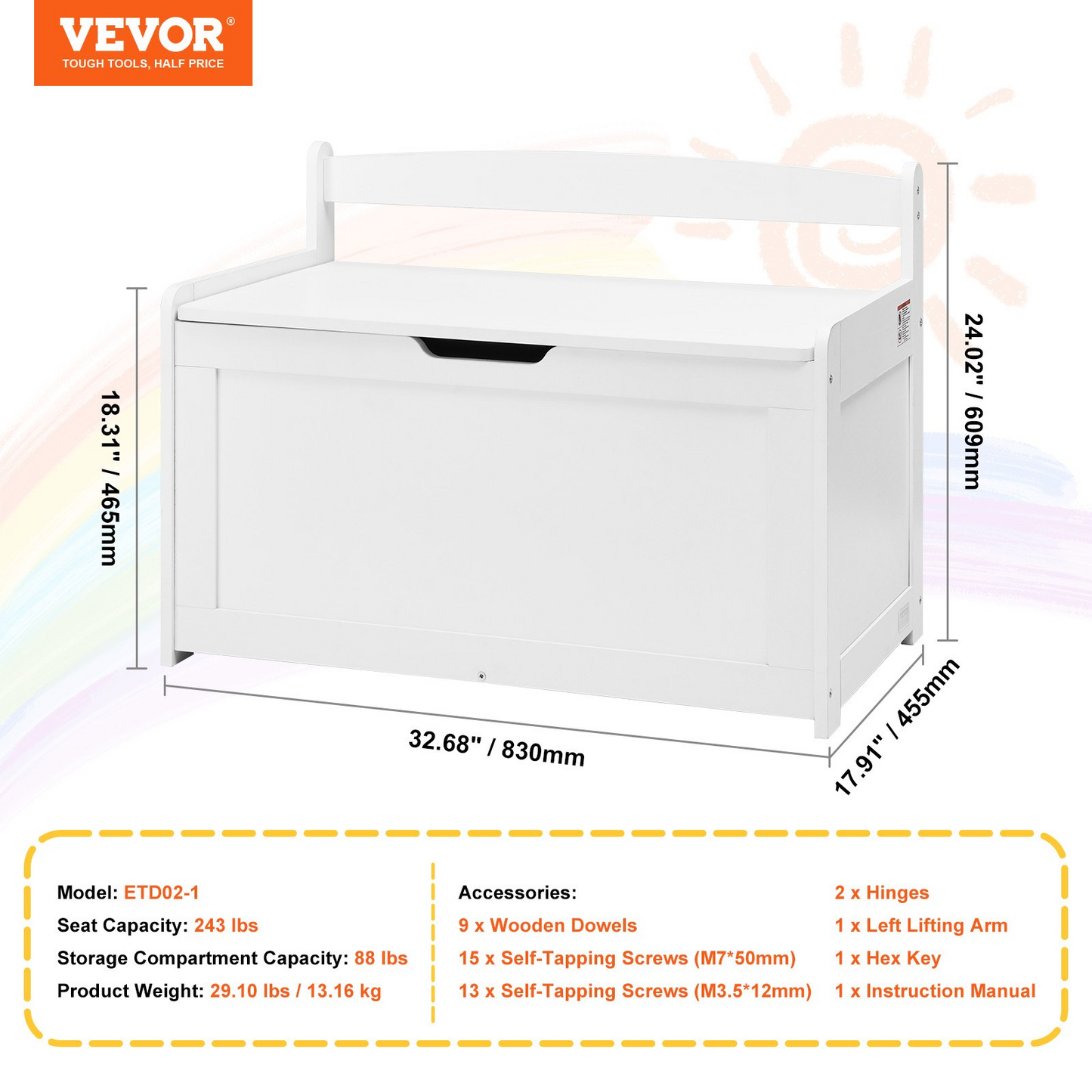 VEVOR Wooden Toy Chest for Kids - Flip-Top Lid, Safety Hinge, Large Storage Bench - White