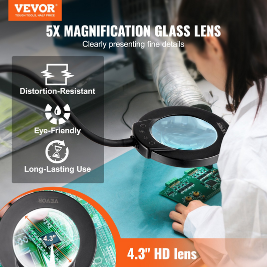 VEVOR 5X Magnifying Glass with LED Light - Flexible Gooseneck Floor Lamp for Reading, Crafting & Professional Precision