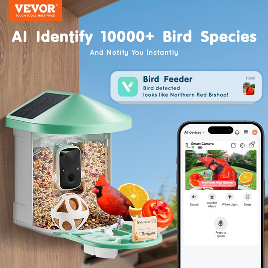 VEVOR Smart Bird Feeder with 2K HD Camera | AI Bird Identification | Solar-Powered | Squirrel-Proof | App Remote Control | Large 2L Food Container