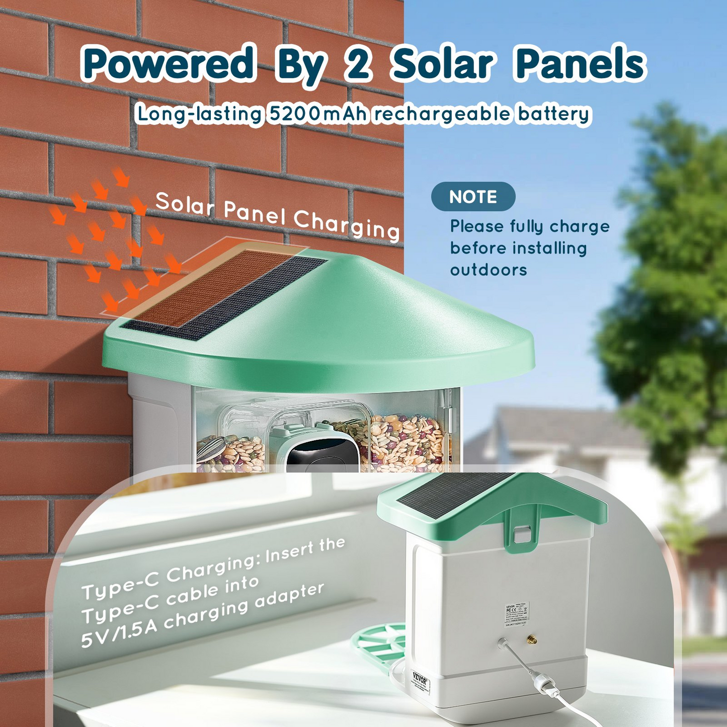 VEVOR Smart Bird Feeder with 2K HD Camera | AI Bird Identification | Solar-Powered | Squirrel-Proof | App Remote Control | Large 2L Food Container