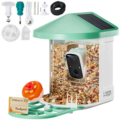 VEVOR Smart Bird Feeder with 2K HD Camera | AI Bird Identification | Solar-Powered | Squirrel-Proof | App Remote Control | Large 2L Food Container