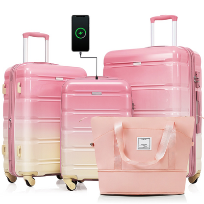 Gradient Pink 4-Piece Luggage Set - Includes 20" USB Port Carry-On, Expandable ABS Durable Suitcase, Travel Bag with Cup Holder, and Spinner Wheels