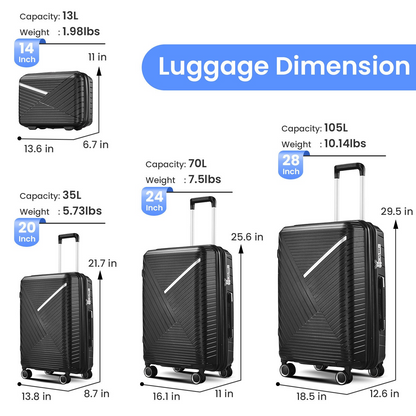 Expandable 4-Piece Luggage Set (14/20/24/28) - Lightweight, Durable, 360° Spinner Wheels, TSA Lock - Perfect for Business Travel & Vacations