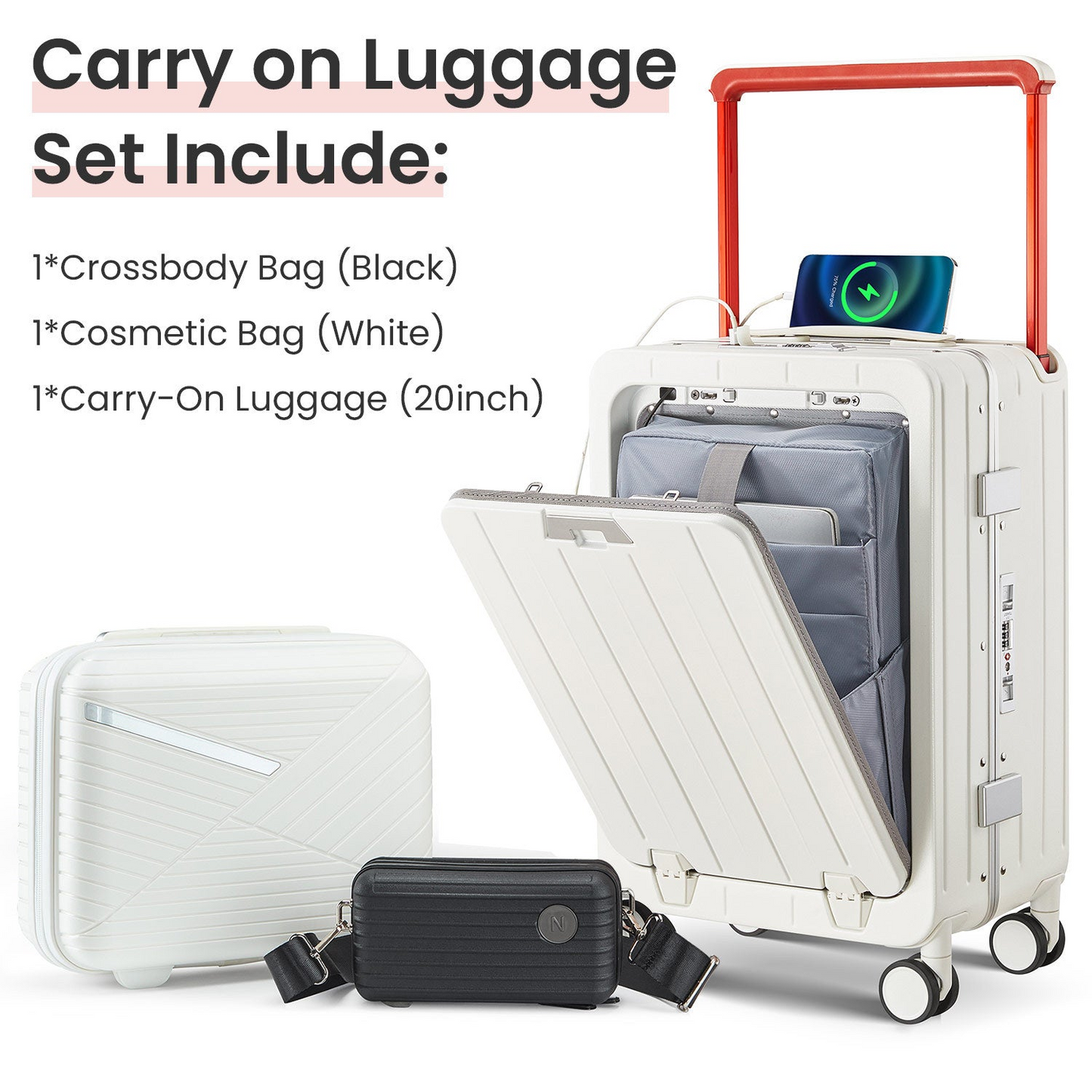 Airline-Approved 20-Inch Aluminum Frame Carry-On Luggage with Front Access, TSA Lock, and 360° Double Wheels - Perfect for Business Travel