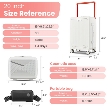 Airline-Approved 20-Inch Aluminum Frame Carry-On Luggage with Front Access, TSA Lock, and 360° Double Wheels - Perfect for Business Travel