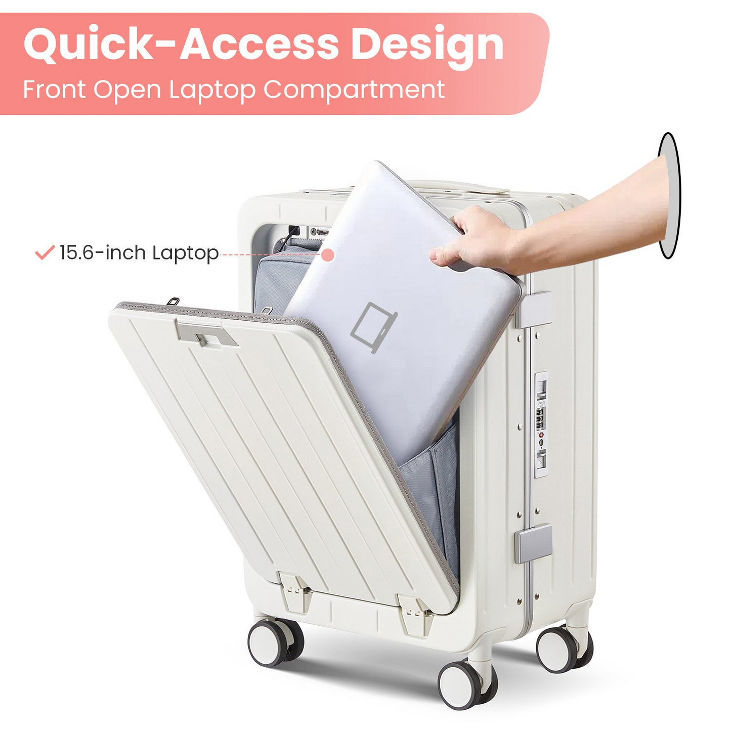 Airline-Approved 20-Inch Aluminum Frame Carry-On Luggage with Front Access, TSA Lock, and 360° Double Wheels - Perfect for Business Travel